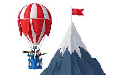 Businessmen in hot air balloon aiming for mountain peak with flag