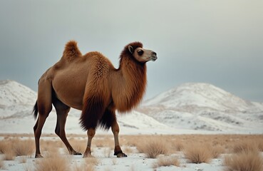 Bactrian camel walks across a snowy Mongolian landscape. Dry grass and snow-covered hills form the backdrop. This camel has two humps and thick brown fur for cold weather.