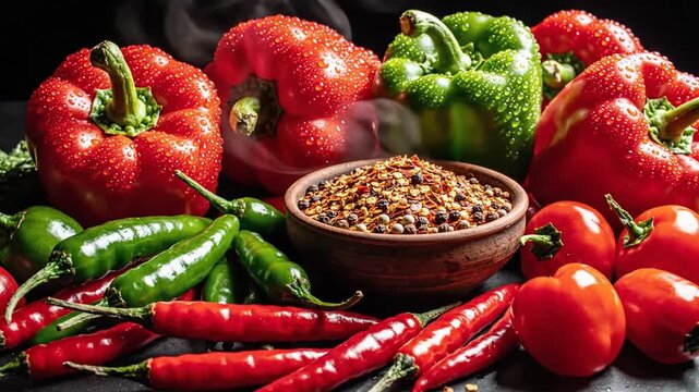 Fresh And Colorful Chili Peppers Arranged On A Dark Stone Surface, Perfect For Gourmet Food