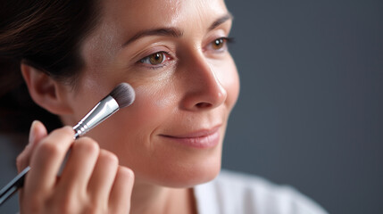 Faceless woman applying liquid foundation to cheek with makeup brush skin preparation stock photo beauty cosmetic enhancement flawless complexion focus makeup application