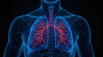 Digital cybernetic human lungs with glowing bronchial tree network