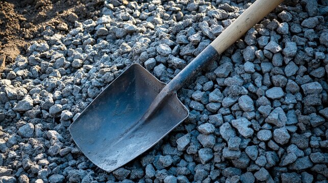 A shovel lies on a pile of small rocks and gravel outdoors - Powered by Adobe