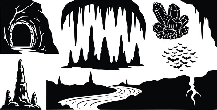 Minimalist silhouette cave landscape with stalactites stalagmites crystal cluster bats winding river tunnel entrance high contrast vector art low angle rocky formations dripping mineral columns dark