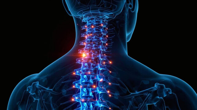 Digital human spine neck close up with glowing pain signal indicators vol. 2