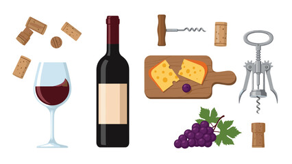 Comprehensive collection of wine essentials including a glass, bottle, corks, corkscrews, cheese, and grapes, perfect for a wine tasting.