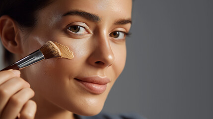 Faceless woman applying liquid foundation to cheek with makeup brush skin preparation stock photo beauty cosmetic enhancement flawless complexion focus makeup application