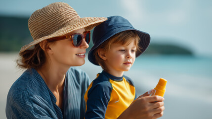 Lovely faceless mother applying sunscreen on cute little child family sun protection stock photo parental skincare SPF application child safety beach care defocused