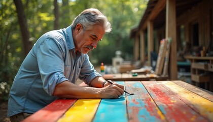 Mature man stains colorful wooden table with brush outside house. Senior man works in his garden. He repairs furniture and makes decoration. DIY master restores surface in backyard.