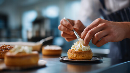 Closeup pastry chef's skillful hands delicately applying cream to freshly baked cakes culinary stock photo sweet masterpieces creation professional pastry shop cafe atmosphere
