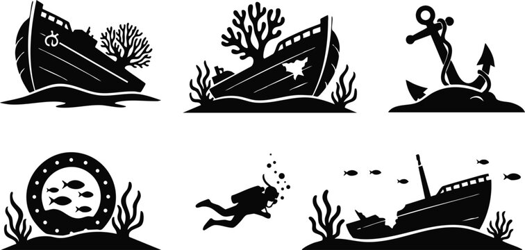 Minimalist vector silhouette set featuring six shipwreck icons anchor porthole and scuba diver in simple black nautical scene low angle composition sea floor coral fish details