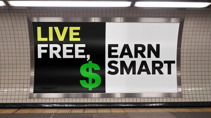 Horizontal subway billboard with "LIVE FREE, EARN SMART" text and dollar sign on tiled wall background