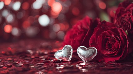 A romantic arrangement of red roses and silver hearts on a bed of red sequins with a blurred bokeh background Valentine day Special