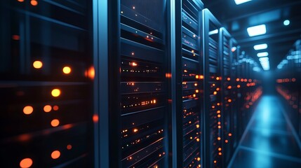 A large data center with rows of server racks and glowing orange lights