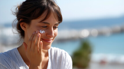 Faceless young woman applying sun protection cream near sea closeup summer skincare stock photo beach safety SPF lotion UV defense defocused water background with copy space