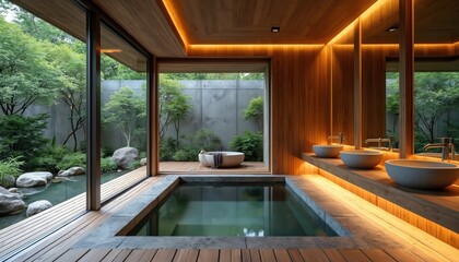 Naklejka premium Minimalist indoor bathroom with outdoor garden view. Natural wood, stone, and water elements create a serene spa oasis. Modern Japanese aesthetic blends with nature for ultimate relaxation.
