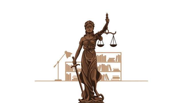 Elegant statue of Lady Justice (Themis) holding her sword and scales, set against a backdrop of a bookcase, representing law, education, and wisdom.