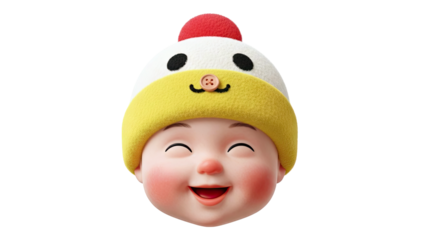 Happy baby wearing a cute chicken hat