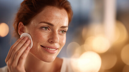 Beautiful faceless woman with freckles applying skincare product with cotton pad beauty routine stock photo facial treatment cosmetic application skin care defocused