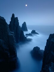 Mystical and majestic ethereal mist cliffs where sheer rock faces rise from a forever ocean of rolling white mist under a soft, silver moonlit sky