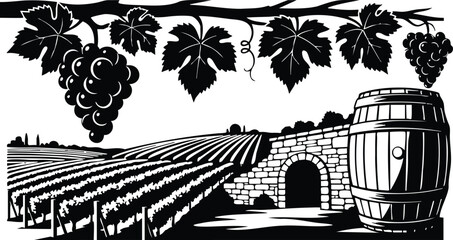 Obraz premium Engraving style overhead vine border with hanging grape bunches and large oak barrel by stone wine cellar entrance over rolling vineyard rows in high contrast composition