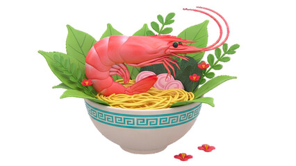 3D Rendered Ramen Bowl with Shrimp and Noodles