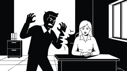 Minimalist vector silhouette high contrast office scene showing angry man raising hands confronting composed woman seated at desk near window viewed from low angle dramatic mood