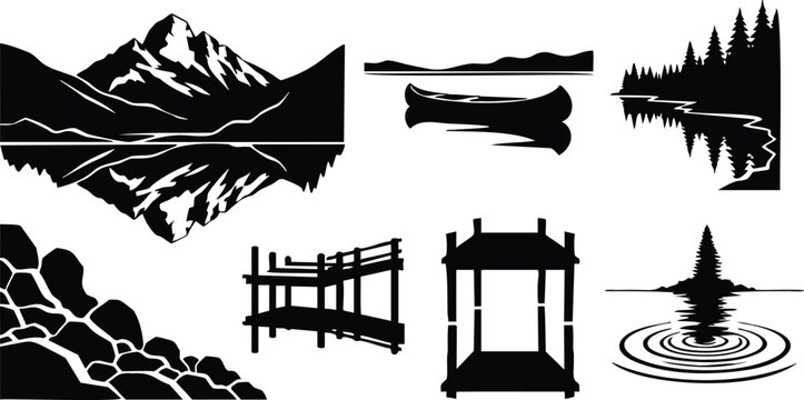 Minimalist silhouette vector montage of mountain lake with reflected peak canoe dock rocky shoreline pine trees ripples and pagoda gazebo viewpoint low angle flat graphic composition