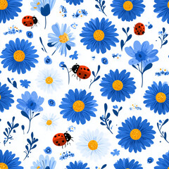 Obraz premium Blue flowers and ladybugs pattern design.