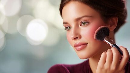 Faceless woman applying blush makeup with brush cosmetic application stock photo facial color enhancement beauty routine makeup artistry personal grooming defocused