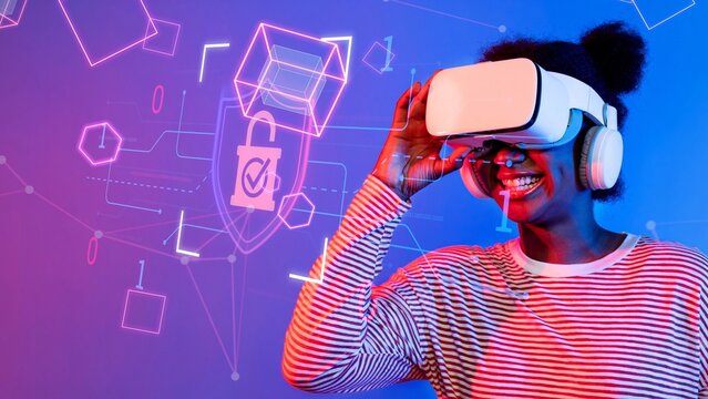 Young woman engaging with virtual reality technology, wearing headset and headphones, enjoying a futuristic digital experience in a colorful environment Gluon. - Powered by Adobe