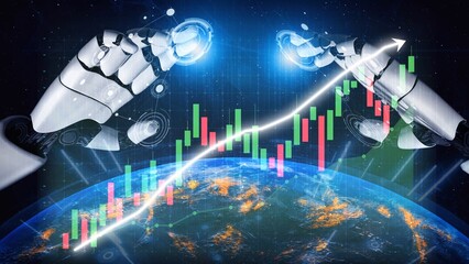 A striking image illustrating the intersection of robotics and finance, showcasing robotic hands reaching towards stock market data, symbolizing innovation and future growth. Copula