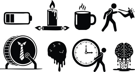 Vector art minimalist icons showing low battery candle cup coffee sleepy figure hitting alarm clock melting brain pushing clock wheel with tie coin office stress symbol