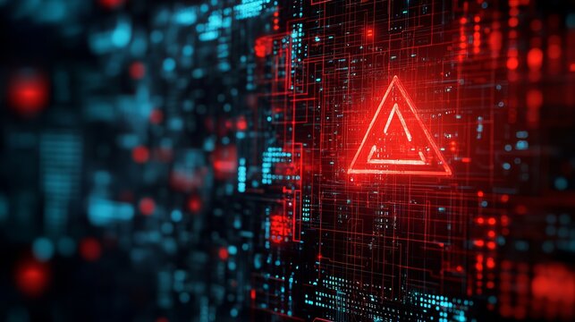 A digital warning sign glows bright red in a futuristic grid background with blue and red lights
