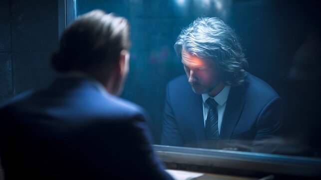 Forensic psychologist interviewing suspect interrogation room mirrored glass reflection behavioral analysis tense atmosphere professional detective setting cinematic mood photorealistic