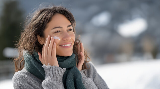 Faceless young woman applying sunscreen on face in snowy landscape winter sun protection stock photo cold weather skincare SPF application outdoor beauty defocused snow