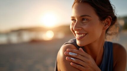 Faceless young woman applying sun cream sunscreen on tanned shoulder skin protection stock photo sunny day beach care SPF lotion UV defense defocused sand background with cop