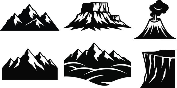 Woodcut style six mountain icons showing snow peaks plateau volcano cliff valley in bold high contrast black silhouette vector artwork for outdoor branding logo emblem badge