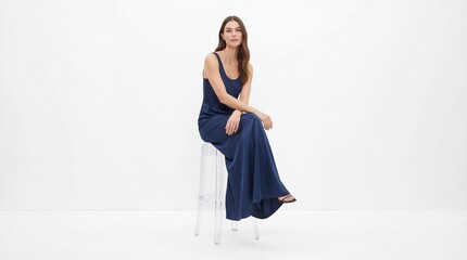 Elegant woman in blue dress sitting on clear chair
