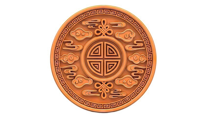 Orange Chinese lucky symbol medallion with clouds and geometric border