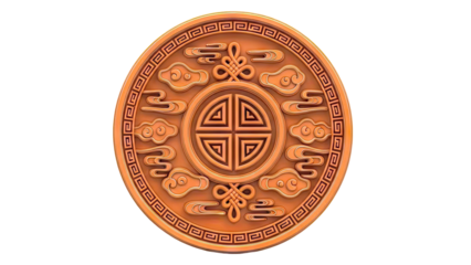 Orange Chinese lucky symbol medallion with clouds and geometric border