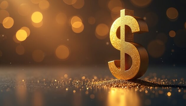 Golden dollar sign on dark background with light spots. Finance investment symbol represents business success and wealth. Monetary abstract concept for trading and earnings. Banking and stock growth.