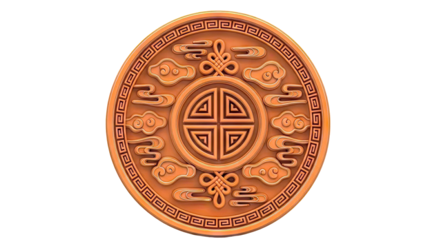 Orange Chinese lucky symbol medallion with clouds and geometric border - Powered by Adobe