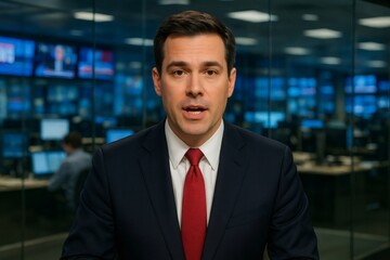 Fototapeta premium Male television presenter delivering news report in a professional suit and red tie, standing in a modern newsroom