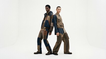 Two men in stylish patchwork outfits walking side by side