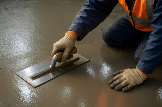 Construction worker in workwear and safety vest applying and smoothing wet concrete or cement screed on a floor surface with a trowel