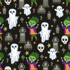 Seamless vector pattern for Halloween. Kids characters. Horror, pumpkins, children in costumes. A zombie haunting a cemetery. Graves and skulls.