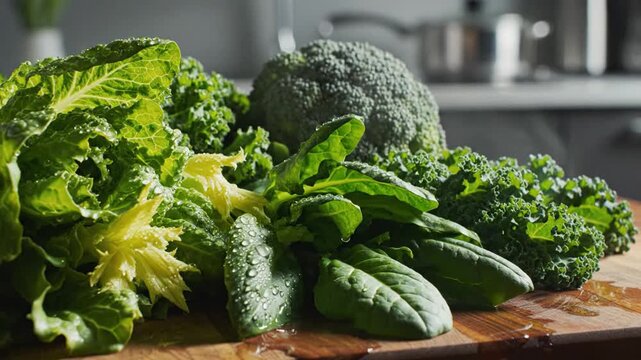 Fresh Green Vegetables Being Washed With Sparkling Water On A Wooden Cutting Board In Kitchen