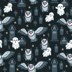 Seamless vector pattern for Halloween. Kids characters. Horror, pumpkins, children in costumes. Owls with a ghost in the cemetery.