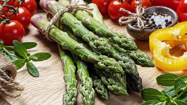 Fresh Asparagus With Tomatoes And Basil On A Rustic Wooden Cutting Board Close Up View