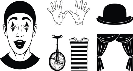 Line art close up mime face with surprised expression wearing striped shirt bowler hat and gloves next to unicycle and stage curtains theatrical black and white